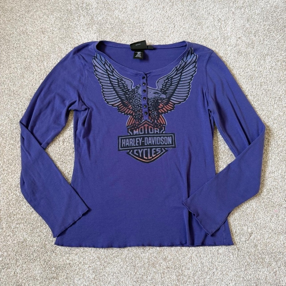 Vintage Harley-Davidson Purple Eagle Henley Top — Size L